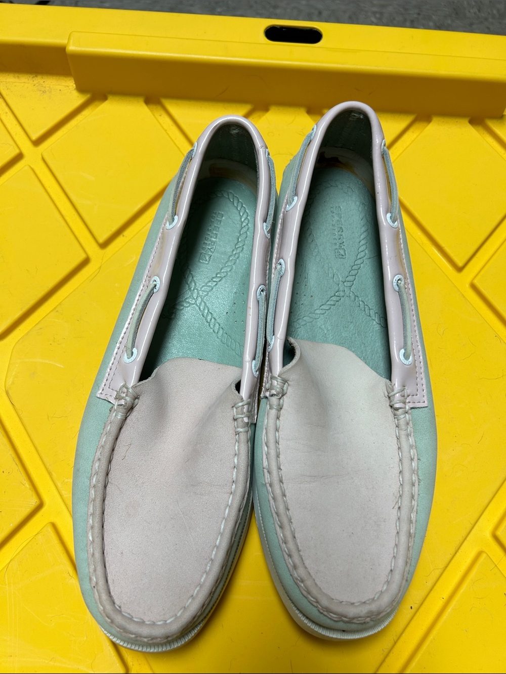 Sperry Mint Green and Light Gray Leather Boat Shoes